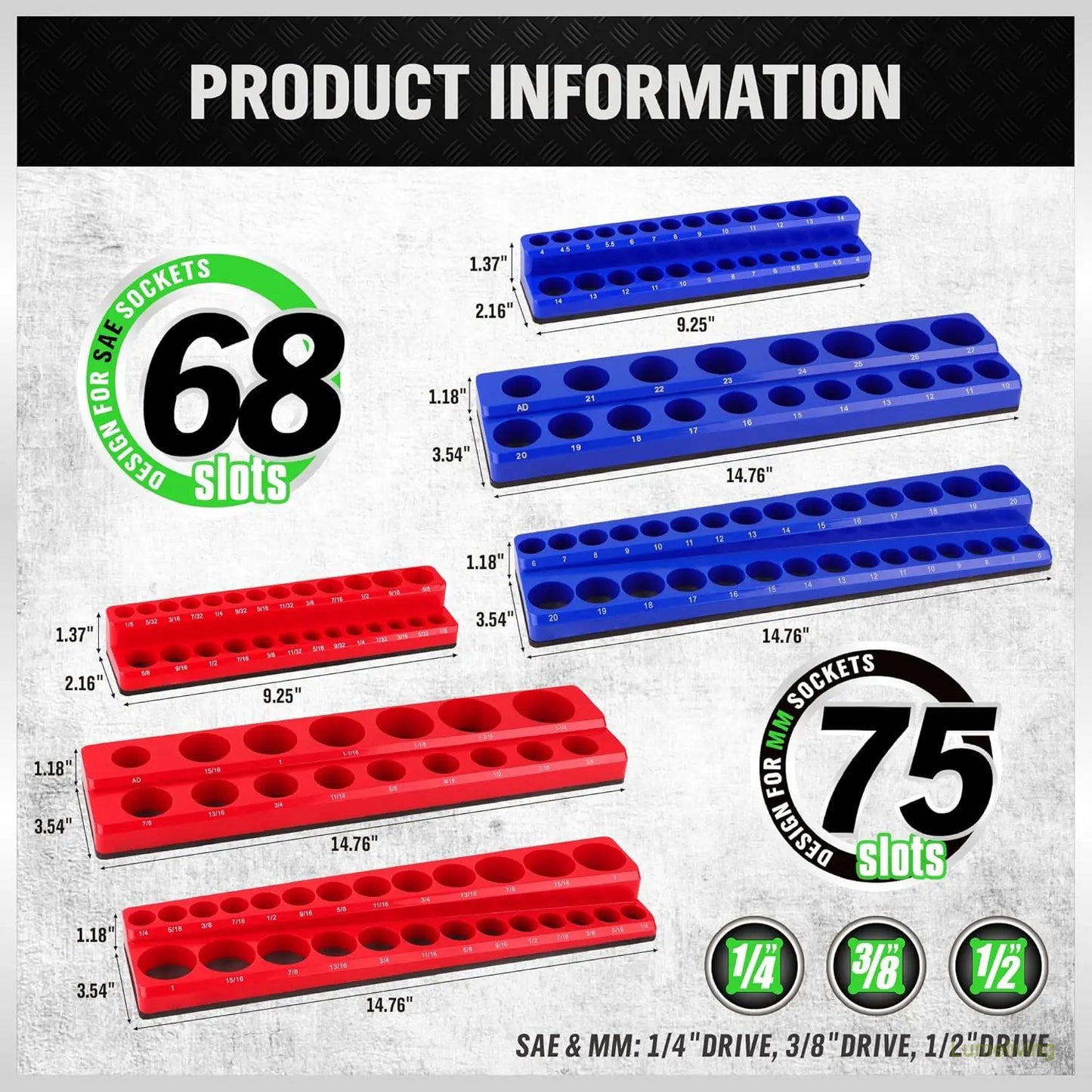 Magnetic Socket Organizer, 6 Piece Socket Holder Kit, 1/2-inch, 3/8-inch, 1/4-inch Drive, Holds 143 SAE&Metric Sockets, Red & Blue, Professional Quality Tools Organizer Hardware Heavy Dut