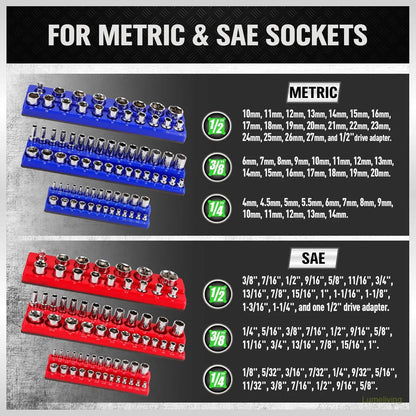 Magnetic Socket Organizer, 6 Piece Socket Holder Kit, 1/2-inch, 3/8-inch, 1/4-inch Drive, Holds 143 SAE&Metric Sockets, Red & Blue, Professional Quality Tools Organizer Hardware Heavy Dut
