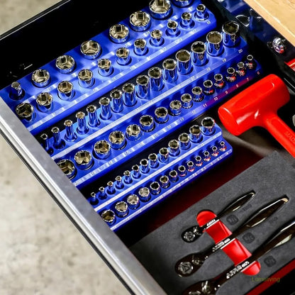 Magnetic Socket Organizer, 6 Piece Socket Holder Kit, 1/2-inch, 3/8-inch, 1/4-inch Drive, Holds 143 SAE&Metric Sockets, Red & Blue, Professional Quality Tools Organizer Hardware Heavy Dut