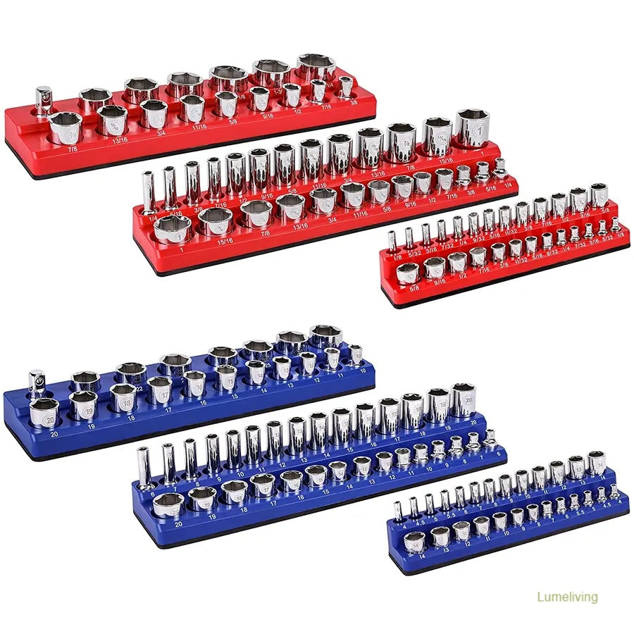 Magnetic Socket Organizer, 6 Piece Socket Holder Kit, 1/2-inch, 3/8-inch, 1/4-inch Drive, Holds 143 SAE&Metric Sockets, Red & Blue, Professional Quality Tools Organizer Hardware Heavy Dut