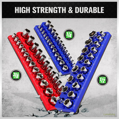 Magnetic Socket Organizer, 6 Piece Socket Holder Kit, 1/2-inch, 3/8-inch, 1/4-inch Drive, Holds 143 SAE&Metric Sockets, Red & Blue, Professional Quality Tools Organizer Hardware Heavy Dut